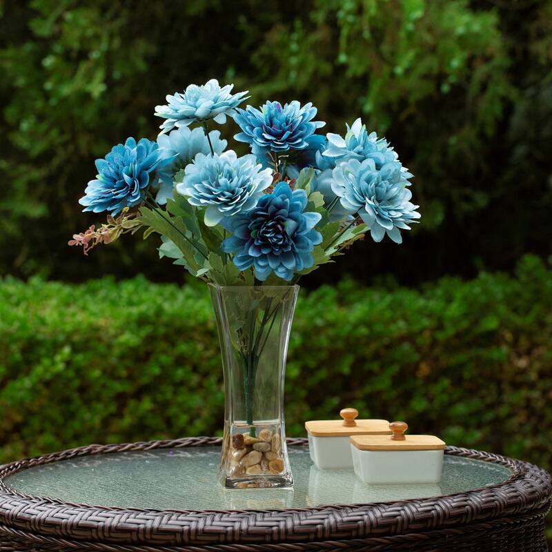Mixed Artificial Daisy Floral Arrangements in Vase with River Stone, Table Centerpieces for Dining Room - Blue