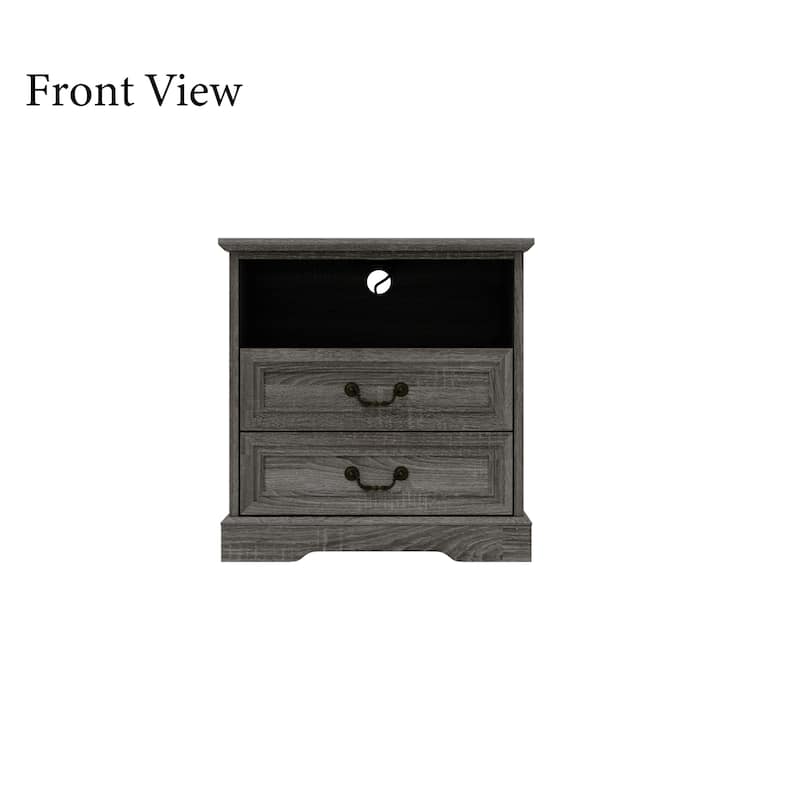 Farmhouse Nightstand with 2 Drawers, Open Shelf & Power Port, Rustic Bedside Table, Antique Brass Handles, White/Grey