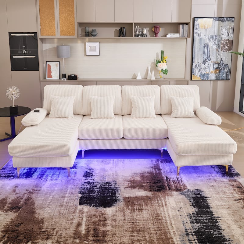 HOMEFUN Corduroy Upholstered U-shaped Adjustable Light Modular Sectional Sofa With Type-C and USB ports - Beige