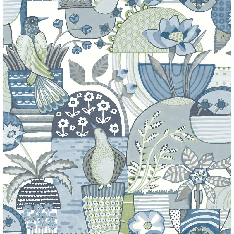 A-Street Prints Fika Blue Blissful Birds and Blooms Wallpaper