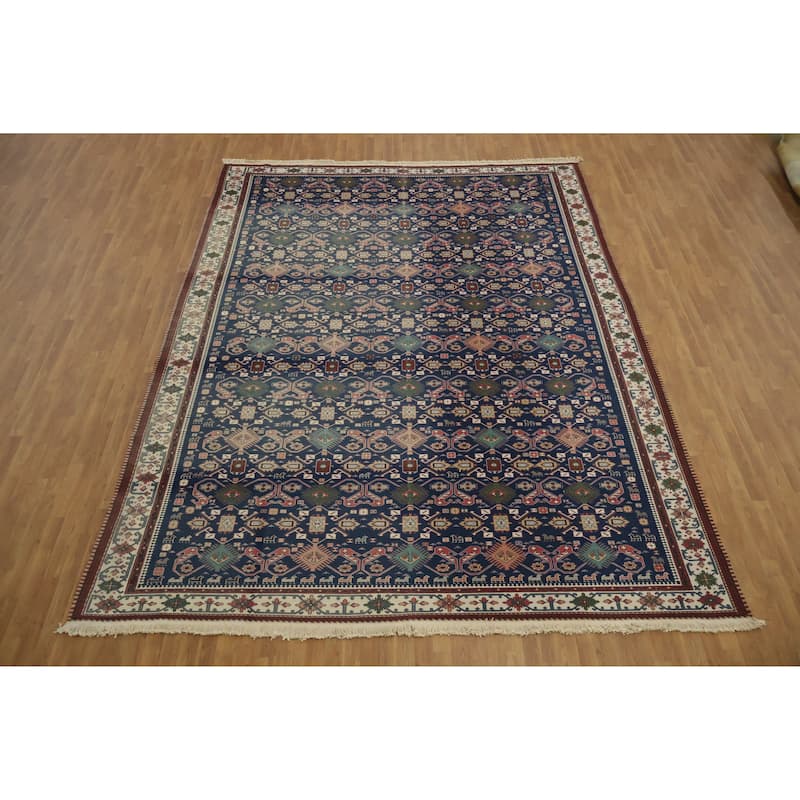 Hand Woven Oriental 100% Wool Carpet Traditional Geometric Navy Blue & Blues Sumak Area Rug - 14' 0'' X 10' 6''
