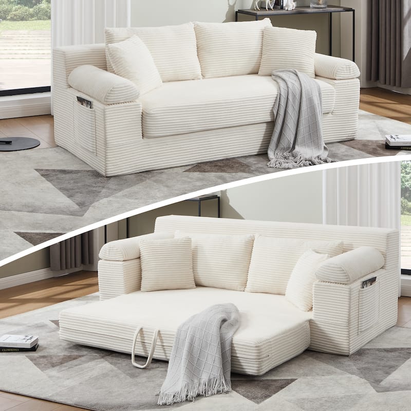 78" W Convertible Sleeper Sofa Bed Corduroy Loveseat with Pillows - Beige