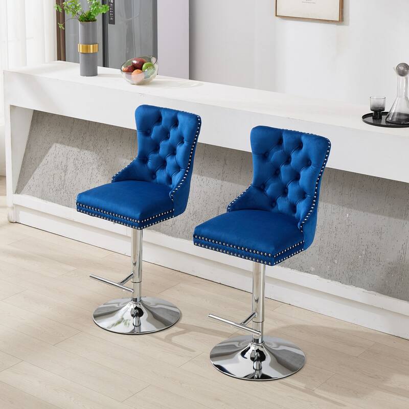Thick Chrome Swivel Velvet Barstools,Adjustable Height,Modern Upholstered,Sponge&Spring（Set of 2)