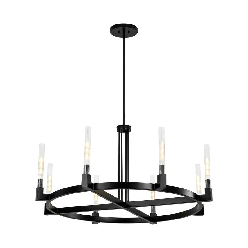 8-Light Mid-Century Modern Black Wagon Wheel Chandelier/Large Chandelier with Ribbed Glass Shade - 47.2 in. W x 23.6 in. H