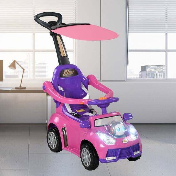 slide 2 of 19, 3-in-1 Push Car for Kids 1-3 Years, Ride-On Sliding Car with Removable Handle, Music, Horn, and Canopy