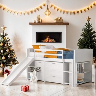 Low Twin Size Loft Bed with Cabinets, Shelves and Slide,Multi-Functional Children's Bed With Maximized Space