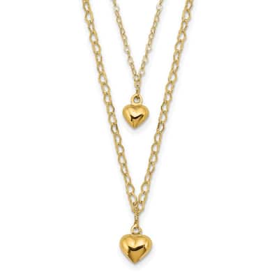 Curata 14k Yellow Gold Double Strand Puffed Polished Hearts Necklace, 16+2"