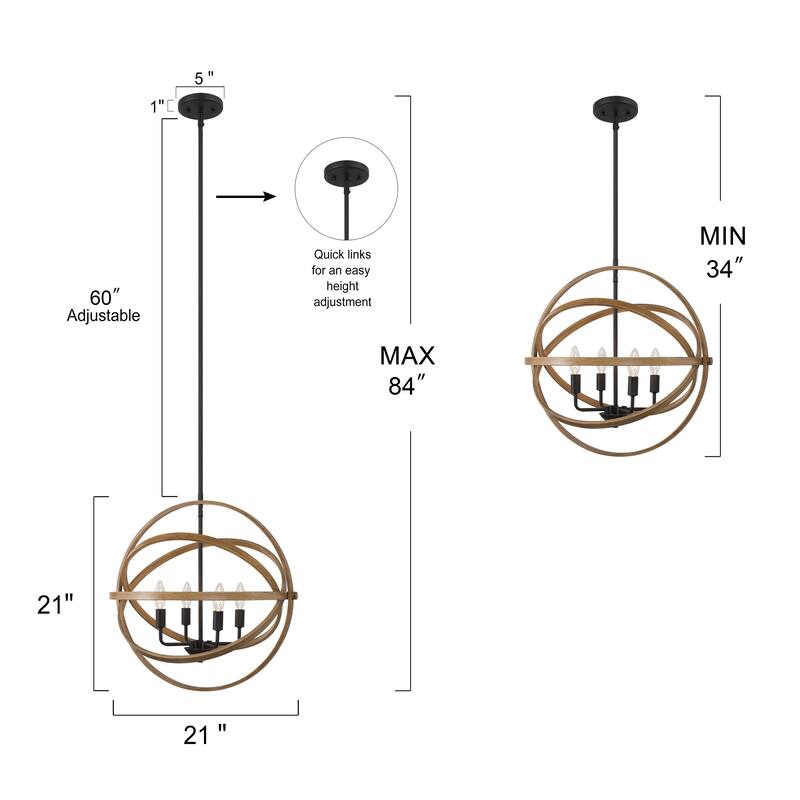 Modern Farmhouse 4-Light Globe Chandelier Wood Grain Pendant Light for Dining Room - D 21" x H 21"