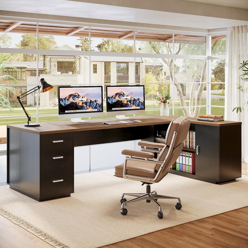 85.8" L-Shaped Executive Desk, Extra Large Office Desk with Drawers