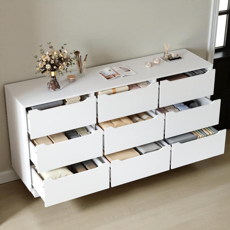 Modern 9-Drawer Dresser for Bedroom Deep Storage White Long Chest of Drawers Wood Cabinet for Closet and Living Room