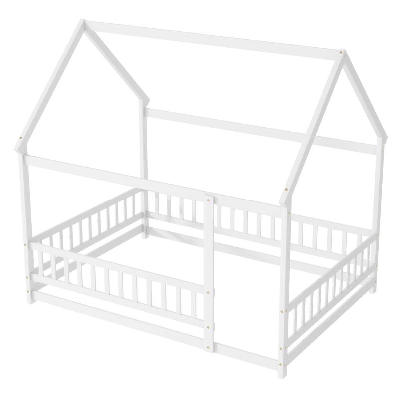 Full Size Wooden House Floor Bed with Roof Frame and Safety Guardrails, White