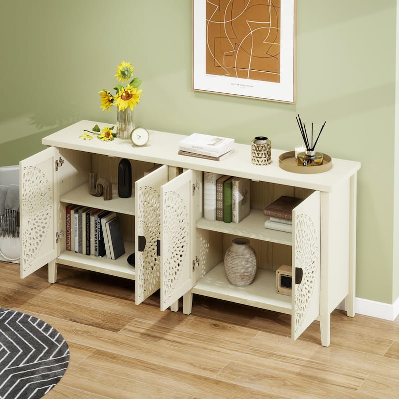 Waterproof Sideboard Buffet, Hollow-Carved 2 Door Accent Cabinet, Storage Cabinet with Adjustable Shelf