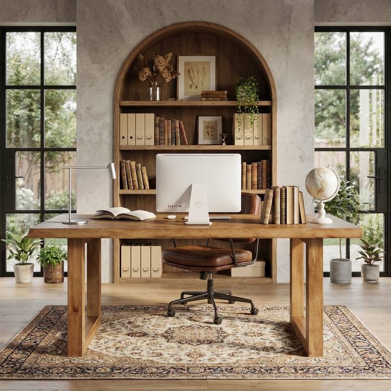 63" Pine Wood Large Farmhouse Executive Desk