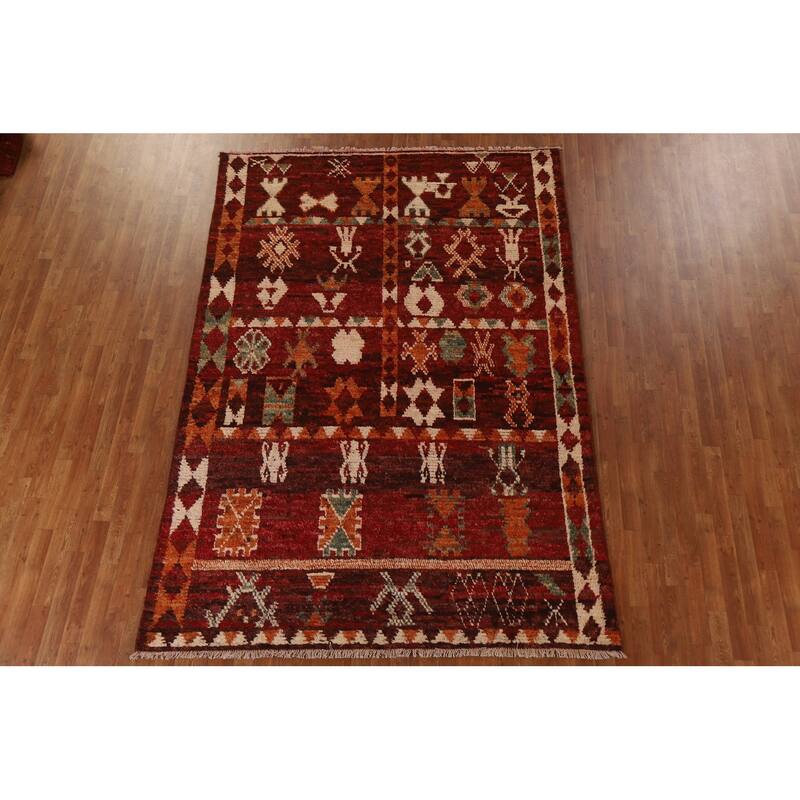 Red Tribal Geometric Moroccan Area Rug Hand-knotted Wool Carpet - 6'8" x 9'6"