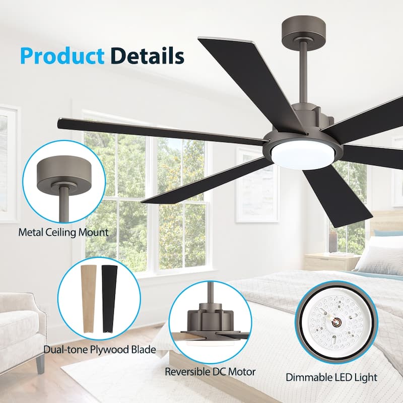 MLiAN Ceiling Fan 60inch Playwood Blades Remote Control 6-Speed DC with Integrated LED - 60''
