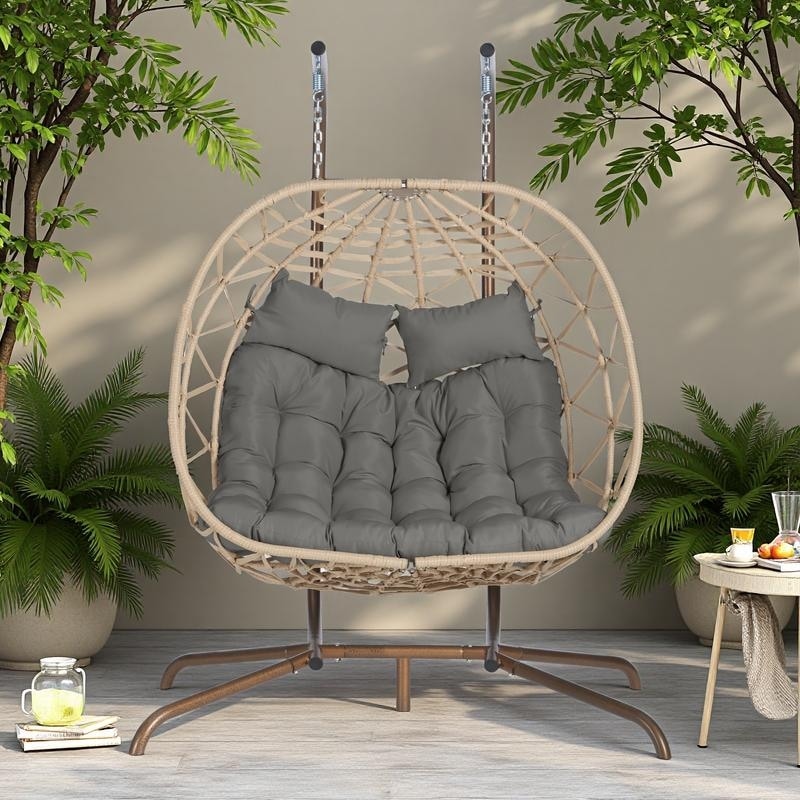 Double Rattan Egg Chair with Stand and UV-Resistant Cushions and Iron Frame - Outdoor Hanging Swing (600lb Capacity)