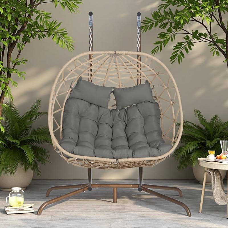 Double Rattan Egg Chair with Stand and UV-Resistant Cushions and Iron Frame - Outdoor Hanging Swing (600lb Capacity)