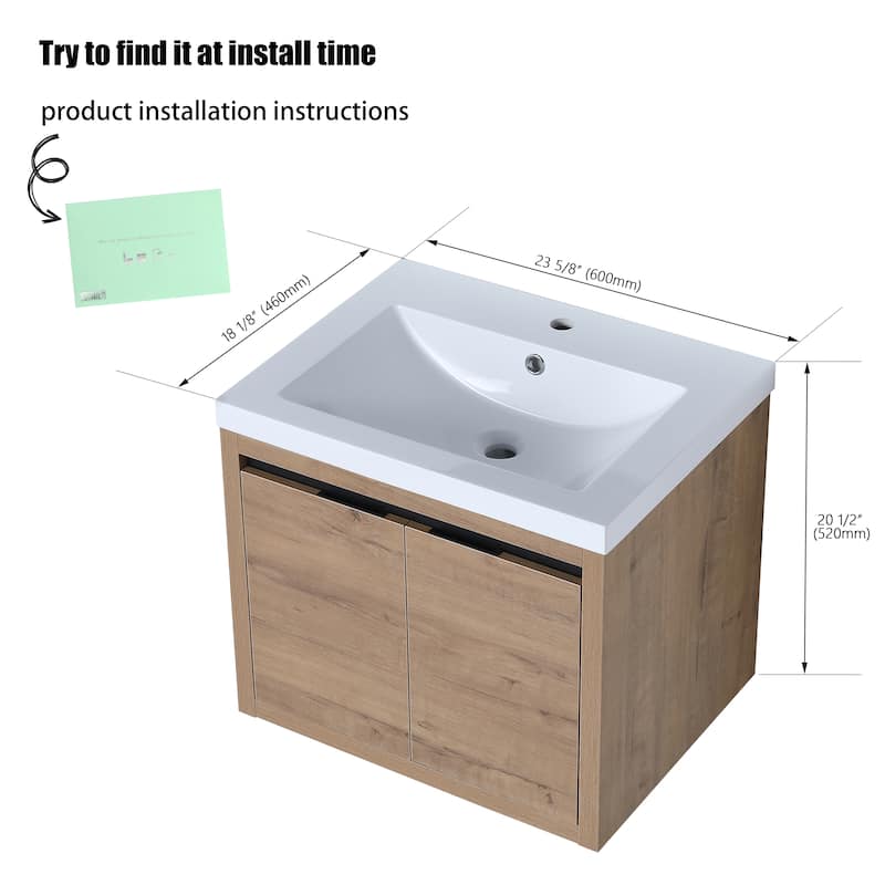 24" Floating Bathroom Vanity with Sink, Wall Mounted Bathroom Vanity with Soft Close Door