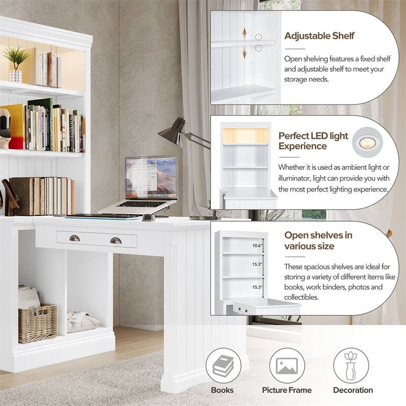 Modern Storage Bookcase with Study Desk and LED Lighting