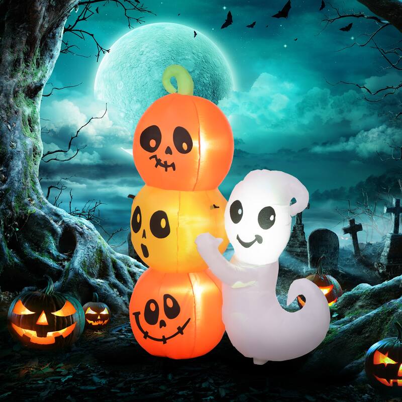 HOMCOM 5ft Inflatable Halloween Decoration Ghost and Pumpkin, Blow Up Outdoor LED Yard Display, Waterproof