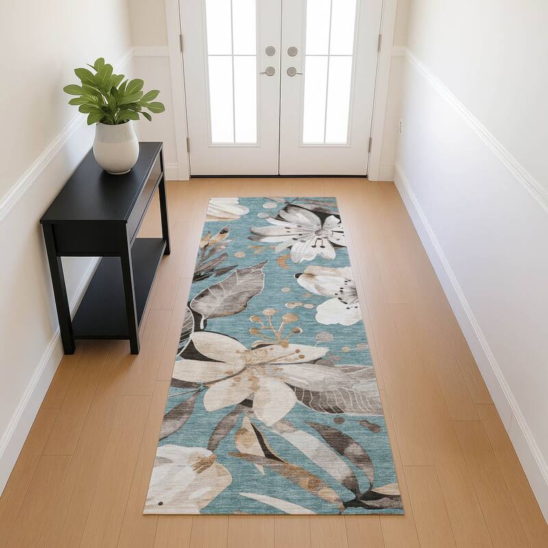 Machine Washable Indoor/ Outdoor Floral Chantille Rug