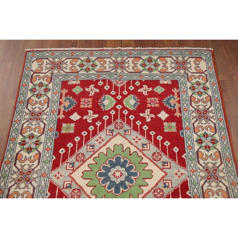 Red Geometric Kazak Accent Rug Hand-Knotted Traditional Wool Carpet - 3'4" x 4'10"