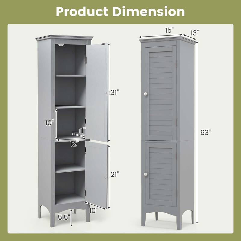 Costway Tall Bathroom Floor Cabinet Narrow Linen Tower with 2 Doors & - See Details