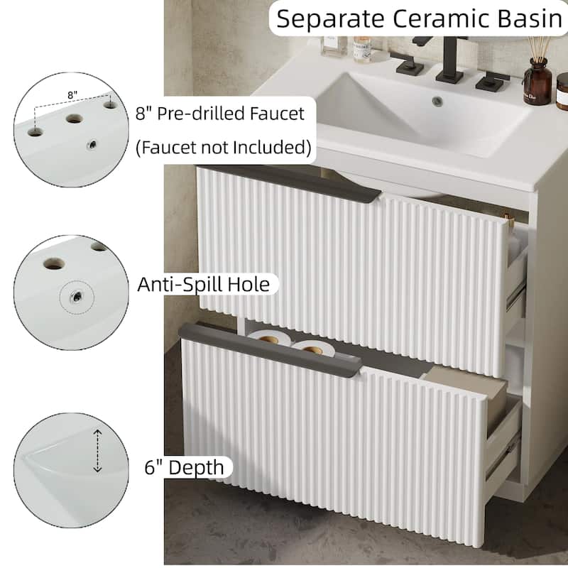 30" Bathroom Vanity with Ceramic Sink, Full-Extension Drawers, Soft Close Slides, and Fluted Design