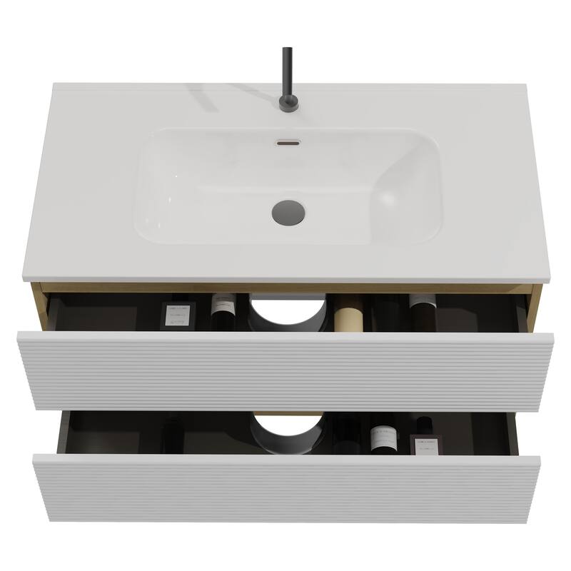 24"/30"/36" Wall Mounted Bathroom Vanity w/ Ceramic Sink with Overflow