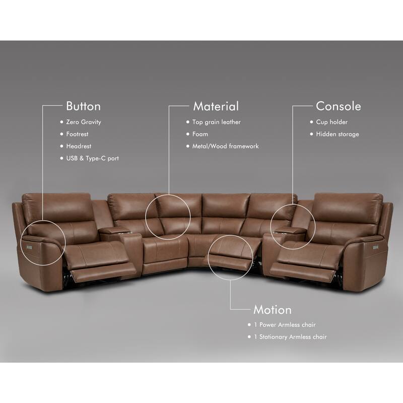 136" W Premium Genuine Leather Triple-Power Double Width Sectional Sofa with Two Console, Zero Gravity, USB & Type-C Ports