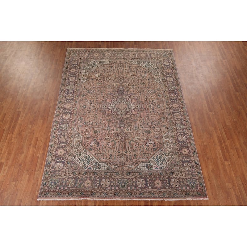 Pink Geometric Tabriz Vintage Persian Rug Hand-Knotted Wool Carpet - 8'0" x 11'2"