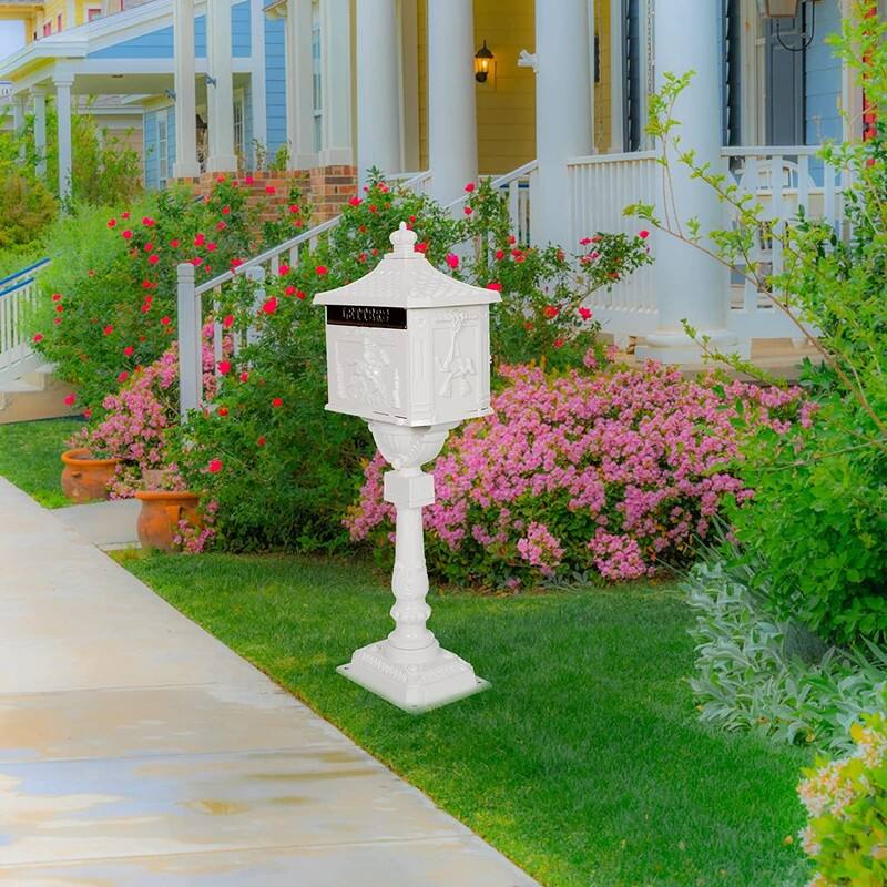 Retro Mid-century Aluminum Cast Mailbox with Post and Keys, Locking Residential Rust-Proof Security Postal Mailboxes