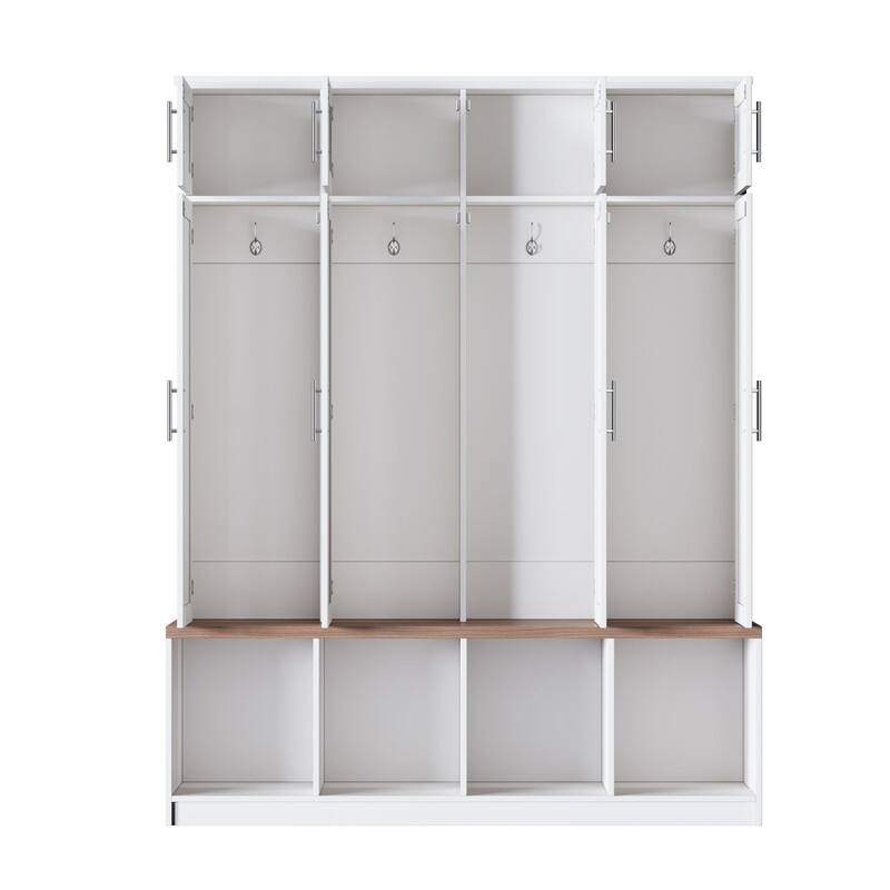 Farmhouse Hall Tree with 4 Hidden Hanging Hooks, Versatile Entryway Bench with 8 Doors, Shoe Cabinet with Open Compartments