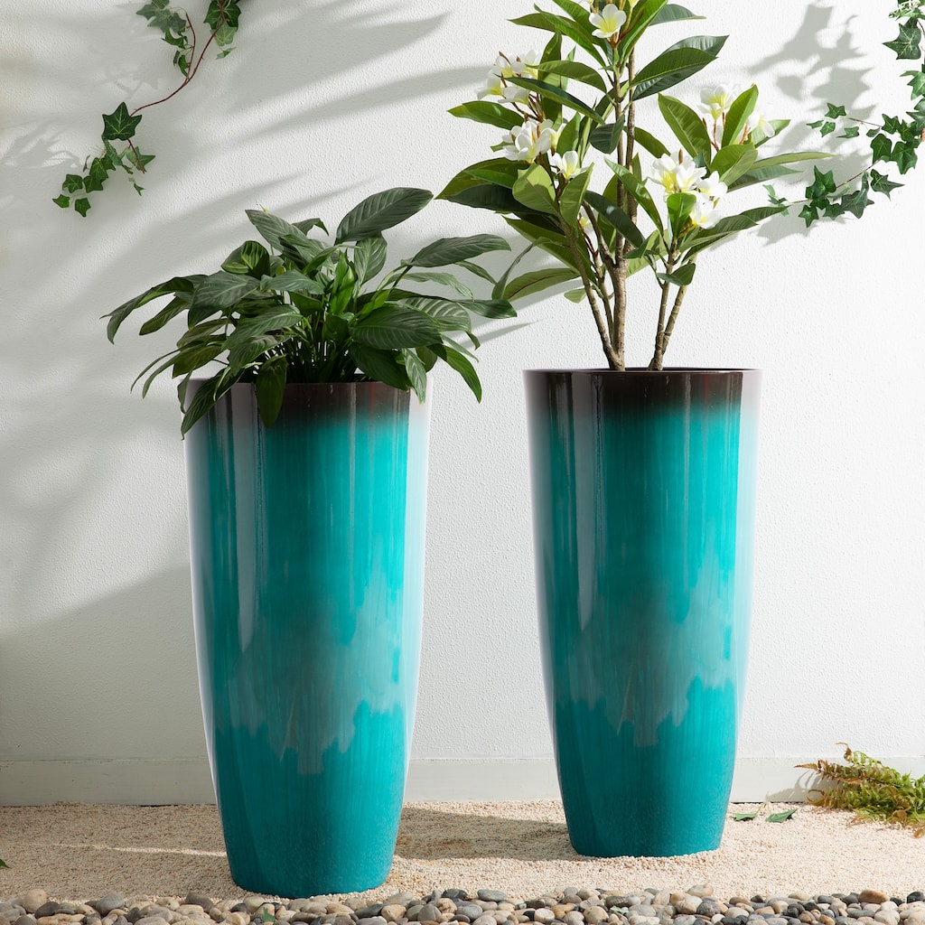 Glitzhome 30"H Set of 2 Tall Plastic Planter Large Flower Pots with Gradient Cobalt Blue / Turquoise Faux Ceramic Finish