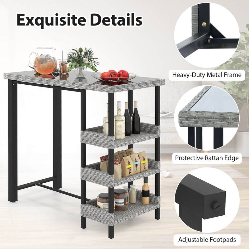 43.5" Outdoor Bar Table Wicker Bar Height Dining Table w/ Shelves