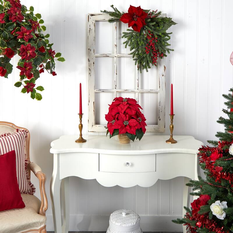 Silk Flower Arrangement Ceramic Vase - Realistic Faux Flowers, Timeless Traditional Christmas Decor, 12"L x 11"D x 13"H - 13
