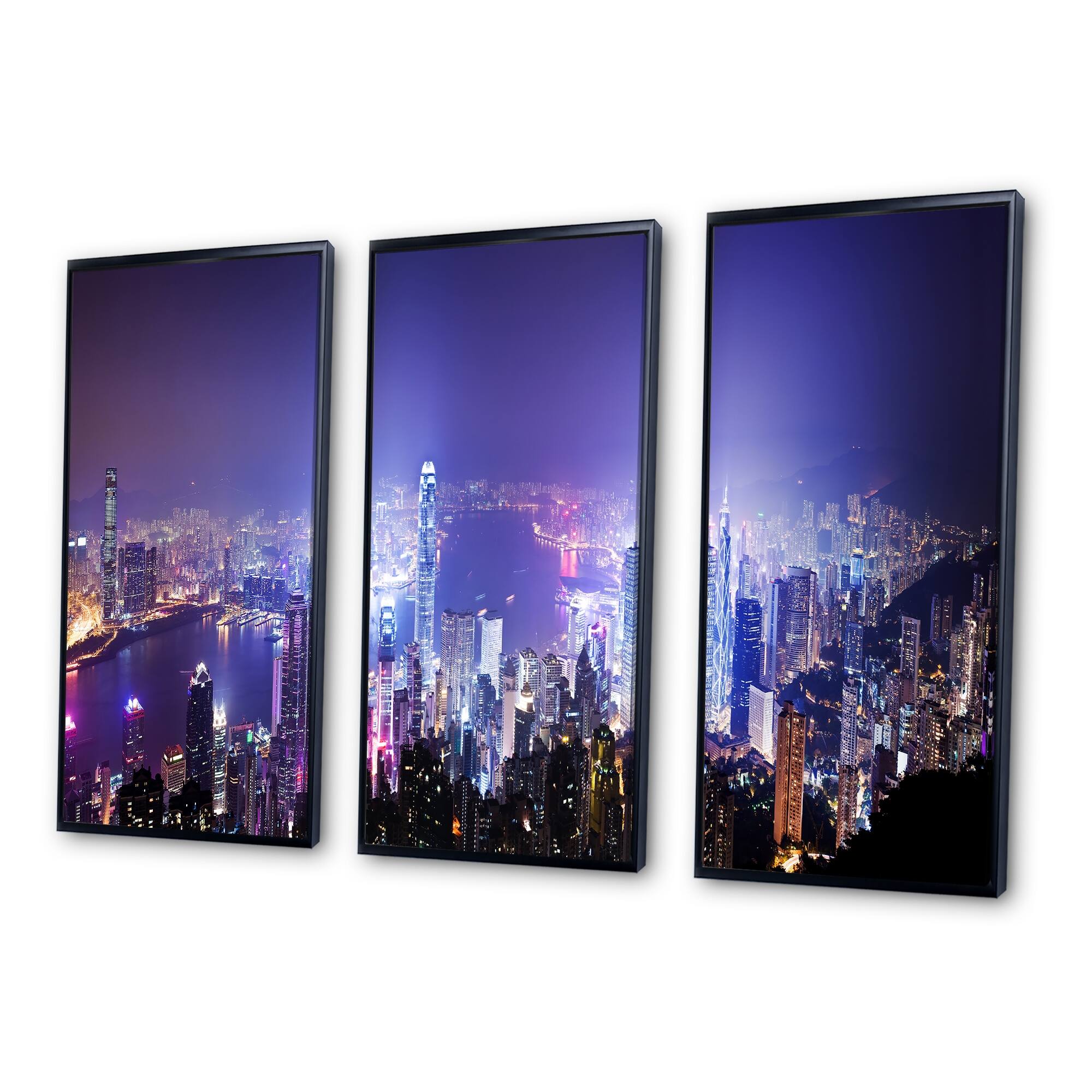 Designart "Hong Kong Night City" Cityscape Framed Wall Art Set of 3 4
