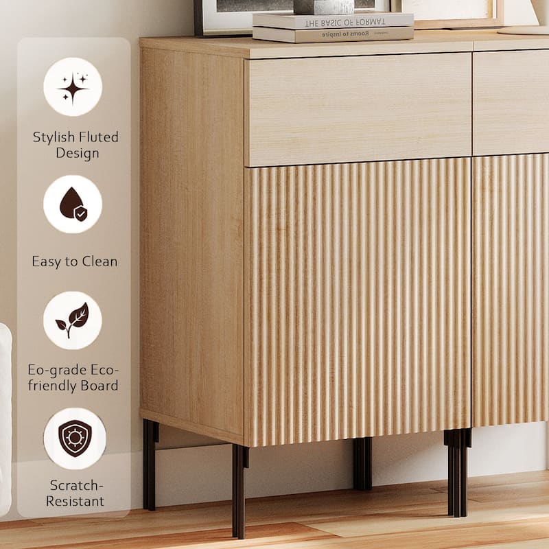 31.5" Wooden 2-Doors Sideboard With Charging Station, Modern Reeded Credenza Storage Cabinet