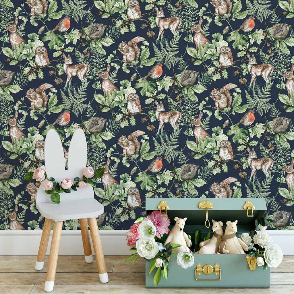 Shop Woodland Animals Navy Wallpaper Overstock 31601456