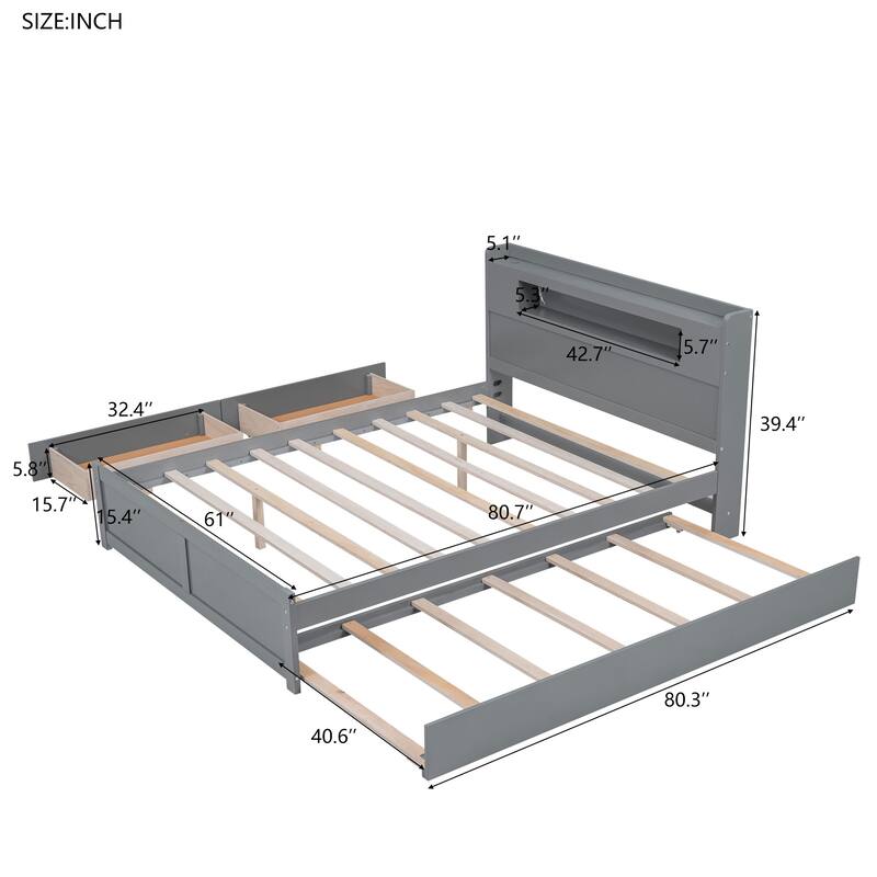 Queen Size Platform Bed with LED Headboard & 2 Drawers & Trundle, Grey