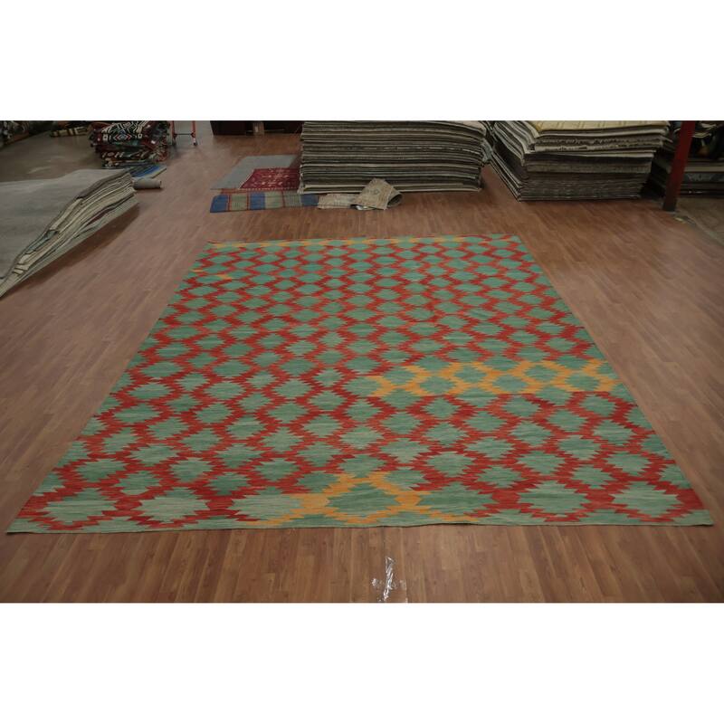 Hand Woven Oriental 100% Wool Carpet Southwestern All-Over Green Kilim Area Rug - 14' 5'' X 11' 3''
