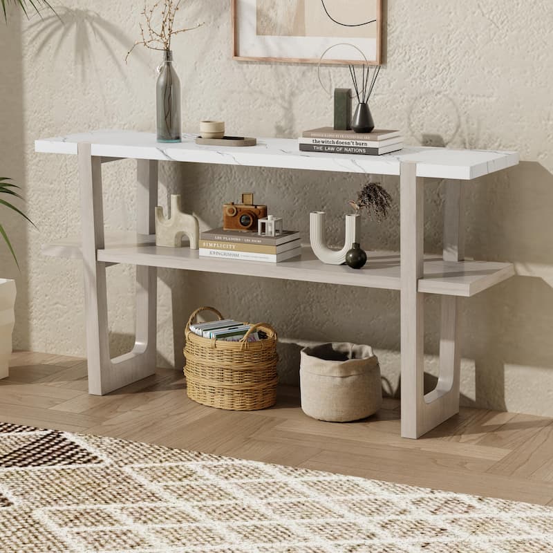 Homy Casa Narrow Console Table Marble-Effect Top and Open Shelf - Grey - MDF