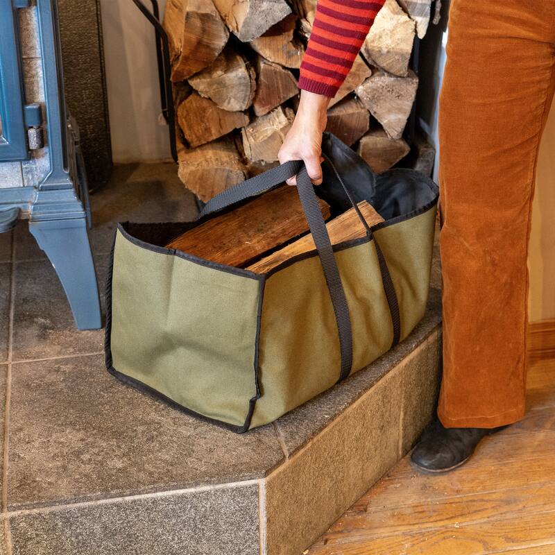 Achla Designs Canvas Log Carrier, Green with Black accents
