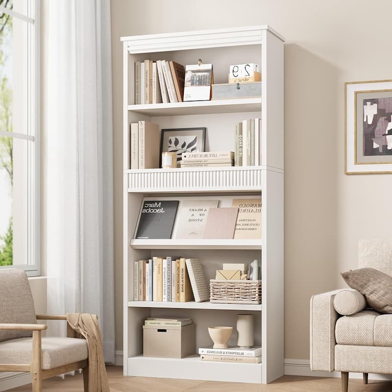 71 Inch Fluted Design Farmhouse Bookcase with Display Rack - N/A - White