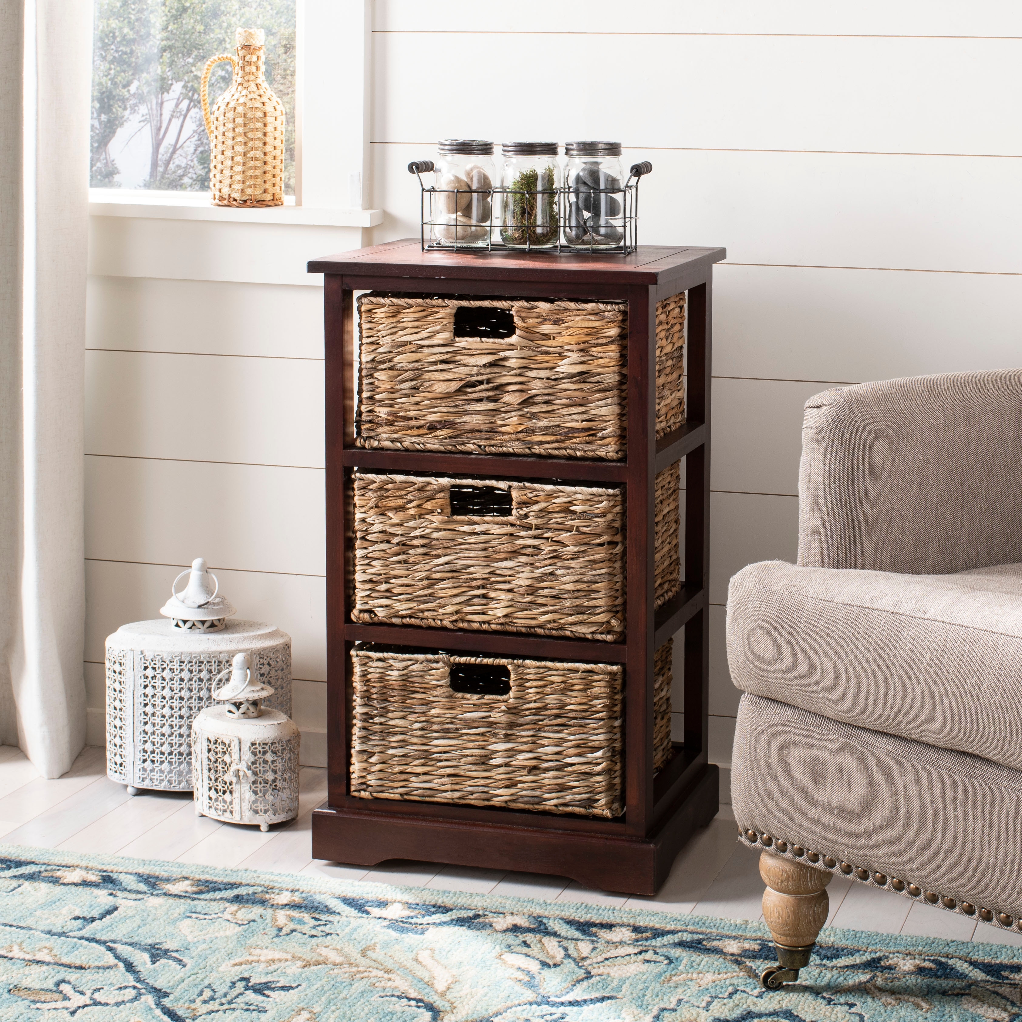 Safavieh damien storage bench with 3 wicker baskets and 3 drawers top