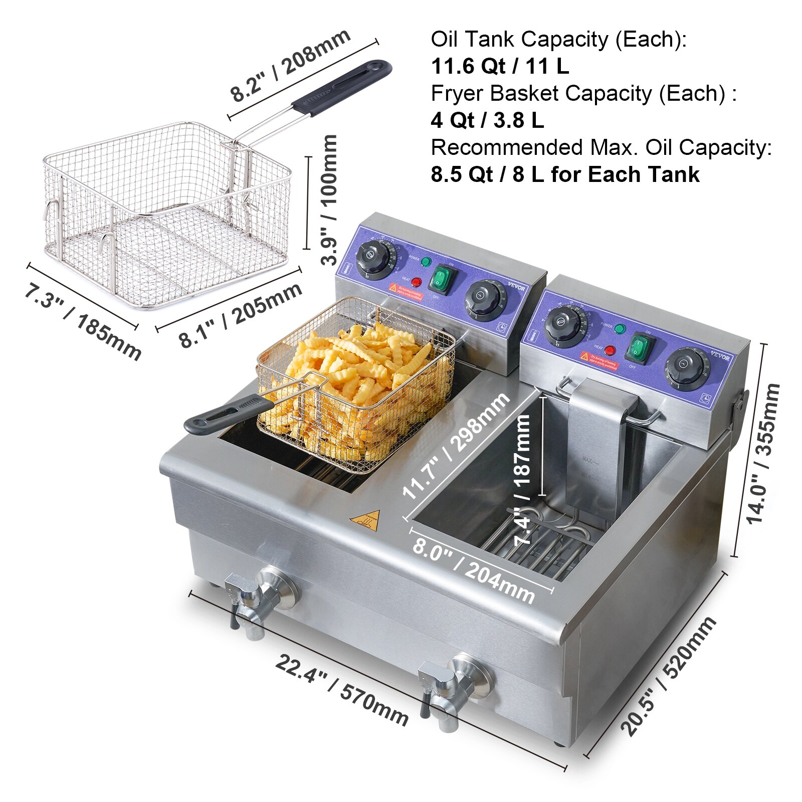 VEVOR Commercial Electric Deep Fryer 24L 3000W Dual Removable Basket Stainless Steel Electric Countertop Fryer with Time Control and Oil