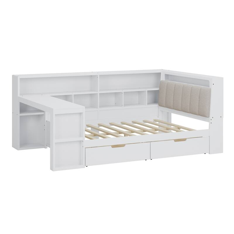 L-shaped Wooden Daybed with Desk and Storage Bookcase