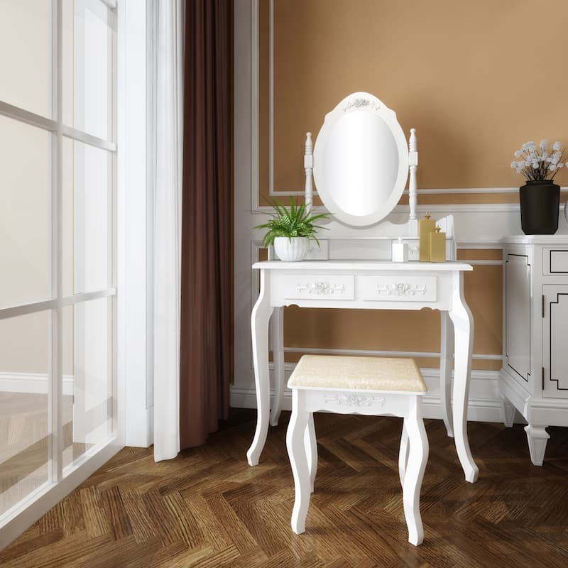 56" Mirror Dressing Vanity Table Makeup Desk with Stool White - (29.52 x 15.75 x 56.1)"