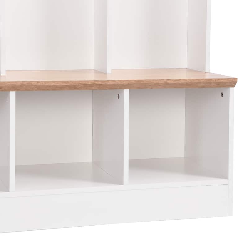 Roomfitters Modern Wide Hall Tree with Bench, Multifunctional Mudroom Shoe Cabinet with Shelves and 8 Hooks