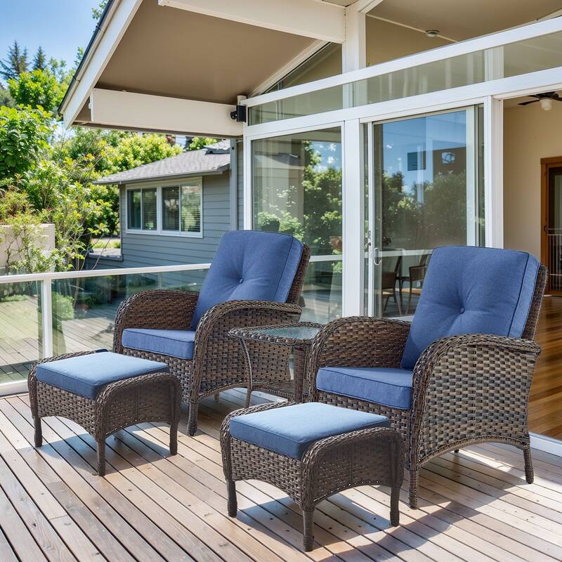 Pocassy Outdoor Wicker Patio Chairs Set - Brown Wicker Blue Cushion - 5PCS Patio Chairs w/ Ottoman and Table